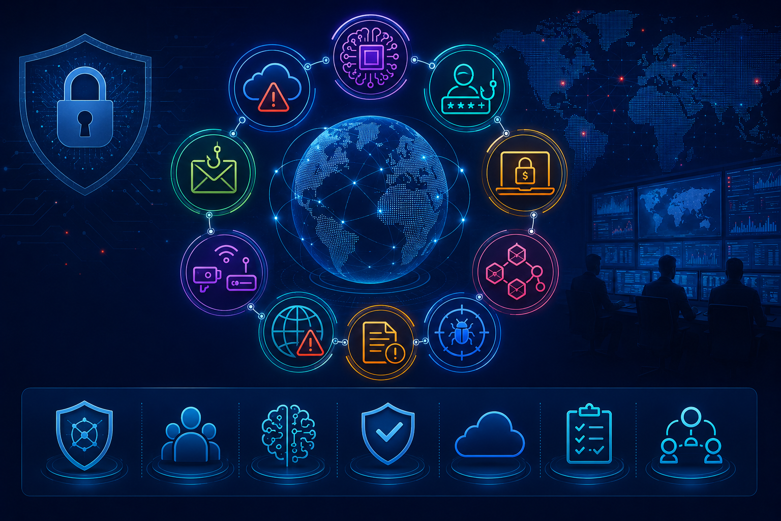 Neon cyber security infographic: a glowing Earth connected to multiple circular security icons with a control-room backdrop and a shield on the left.