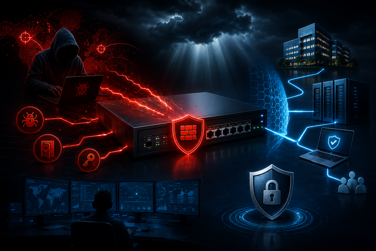 Hacker in a hoodie typing on a laptop as red cyberattack lines strike a server rack, depicting a cyberattack scenario and defense ultimate goal.
