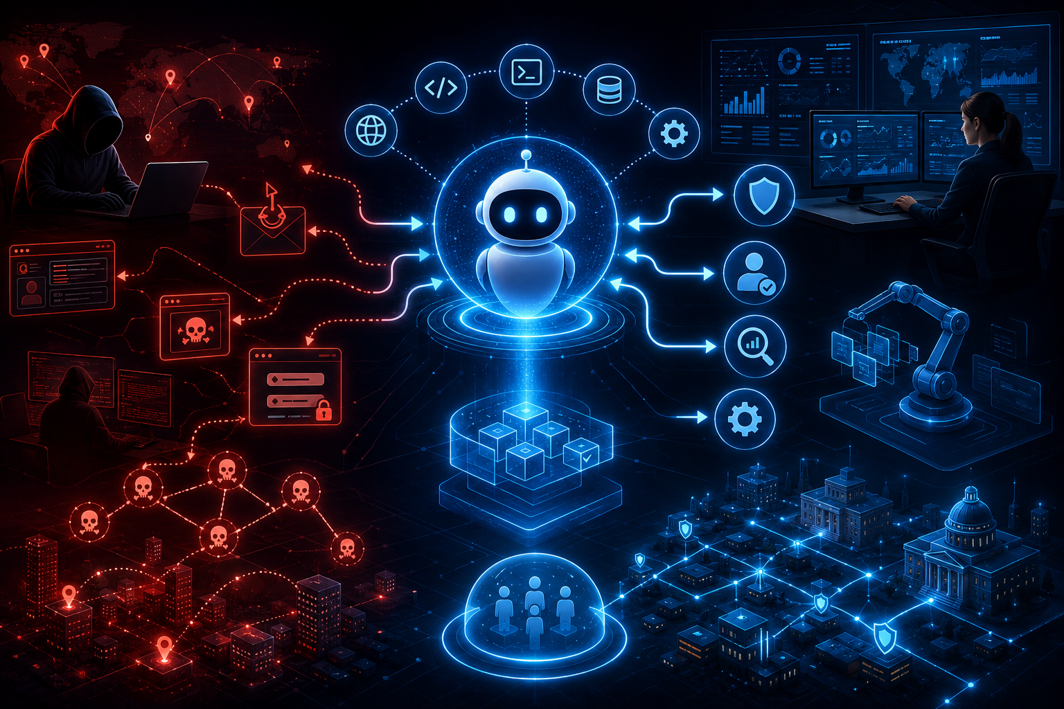 Central blue AI robot surrounded by interconnected data flows, representing AI, cybersecurity, and automated systems across global networks.